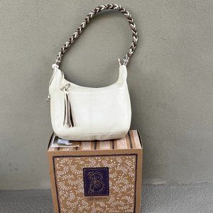 Brighton Barbados Ziptop Leather Hobo Shoulder Handbag in Off-White